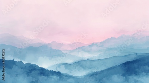 watercolour painting of foggy hills in soft blue and pink gradient colour