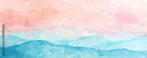 watercolour painting of foggy hills in soft blue and pink gradient colour