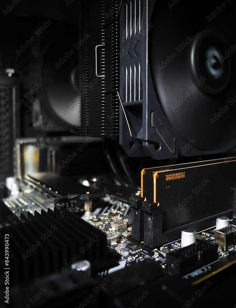close up of a computer motherboard with cpu cooler close up of a computer motherboard with cpu cooler
