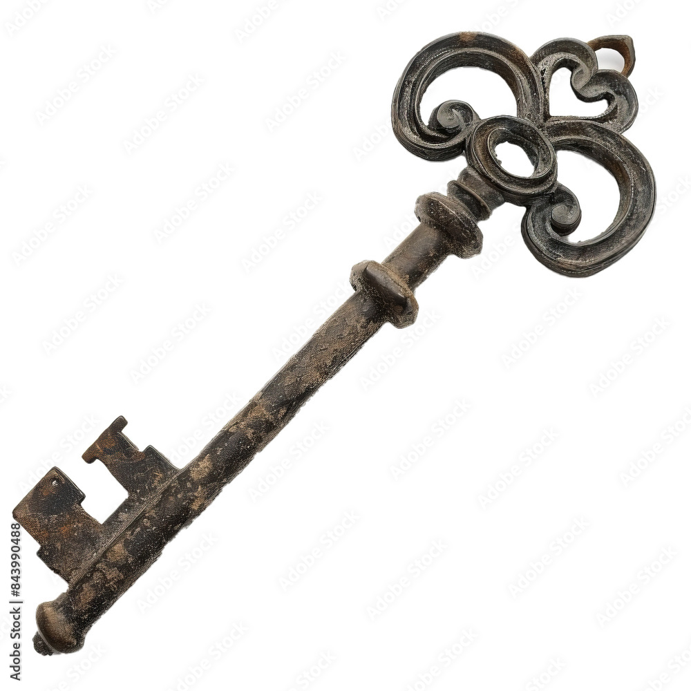 Antique, ornate skeleton key with intricate designs, isolated on a transparent checkered background Antique, ornate skeleton key with intricate designs, isolated on a transparent checkered background