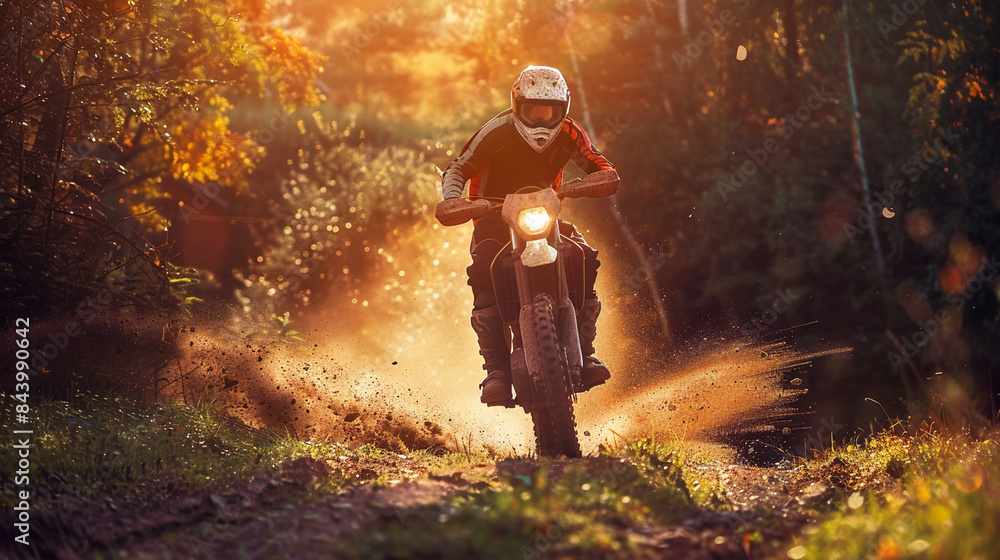 Young man rides sport bike on dusty trail through forest. The setting sun casts warm glow on scene Young man rides sport bike on dusty trail through forest. The setting sun casts warm glow on scene