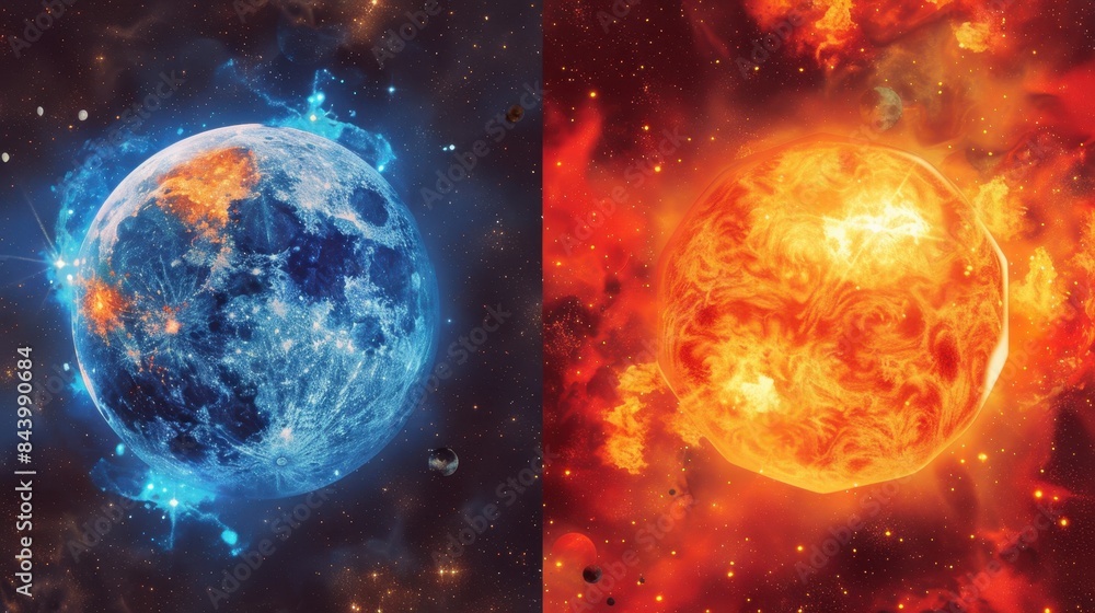 Obraz premium Stunning digital artwork depicting the duality of fiery and icy planets in a cosmic setting, highlighting the contrast of temperatures.