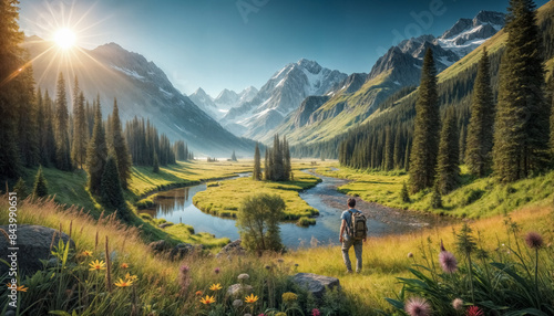 Escursionista in una valle montana fiorita I photo