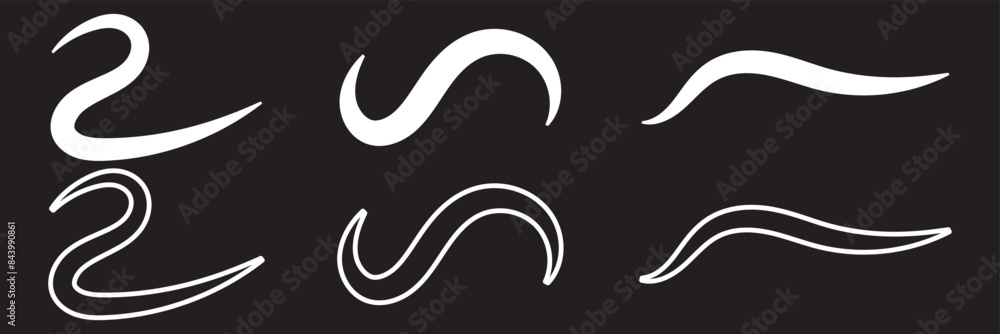 Fototapeta premium Set of Swoosh and swoop underline typography tails shape in flat styles. Brush drawn curved smear. Hand drawn curly swishes, swash, twiddle. Vectors calligraphy doodle swirl on white background.Vector