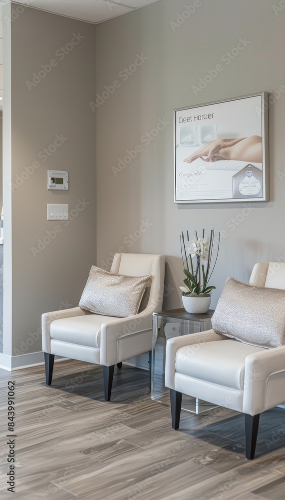 Modern Aesthetic Clinic Waiting Area with Informational Brochures on Laser Treatments Modern Aesthetic Clinic Waiting Area with Informational Brochures on Laser Treatments