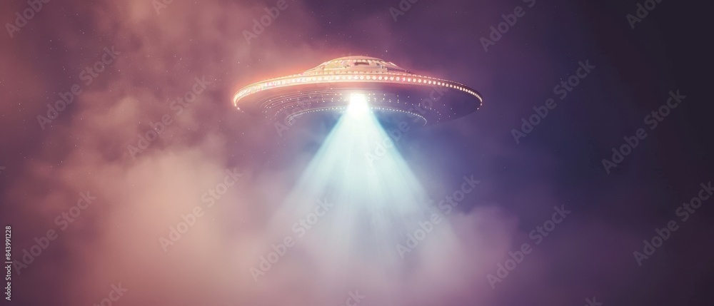 Mysterious UFO hovering in the night sky, emitting a bright beam of ...