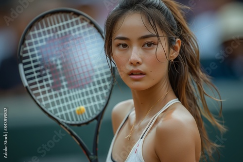 Dynamic Asian Woman in Intense Tennis Match Pose © mattegg