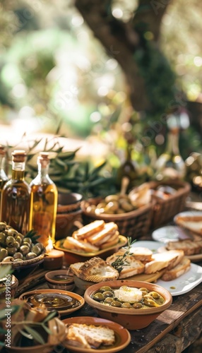 Mediterranean Olive Oil Tasting Event with Fresh Bread and Olive Grove Backdrop for Culinary Enthusiasts