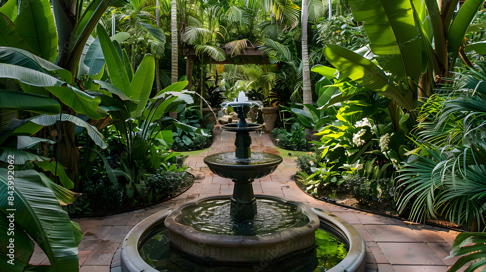 A lush tropical garden with an elegant fountain surrounded by large leaves and exotic plants. offering a peaceful escape into nature A lush tropical garden with an elegant fountain surrounded by large leaves and exotic plants. offering a peaceful escape into nature