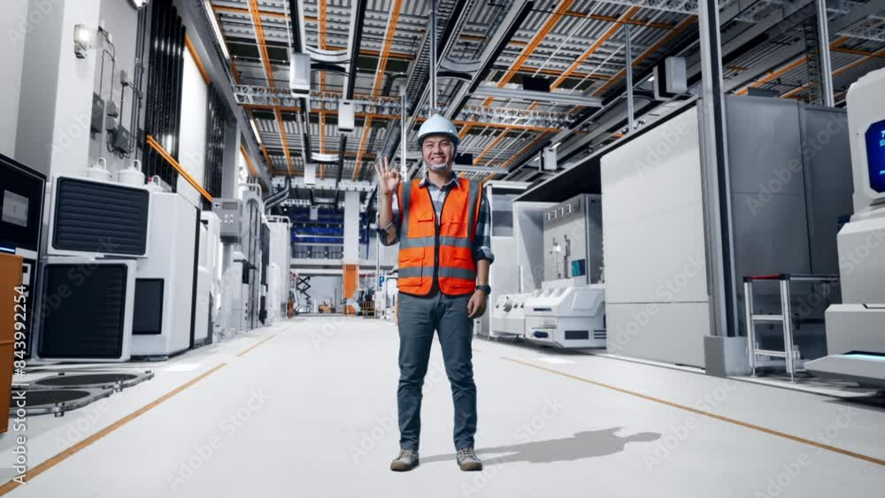 Full Body Of Asian Male Engineer With Safety Helmet Smiling And Showing Okay Gesture To The Camera While Standing At Factory Digitalization Full Body Of Asian Male Engineer With Safety Helmet Smiling And Showing Okay Gesture To The Camera While Standing At Factory Digitalization