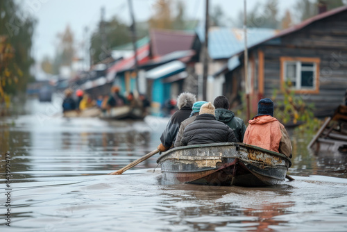 Fototapeta Naklejka Na Ścianę i Meble -  People in a boat evacuate from flooded houses in a small Russian village after a flood