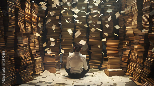 A man sitting in front of stacks of setuptools. with papers flying everywhere as he reads through them.  photo