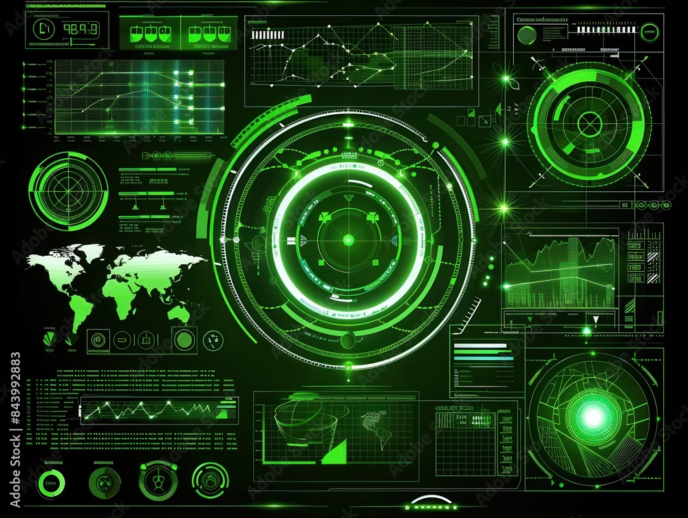 Futuristic interface HUD with glowing green elements, data visualization, and world map, ideal for tech and cybersecurity themes. Futuristic interface HUD with glowing green elements, data visualization, and world map, ideal for tech and cybersecurity themes.