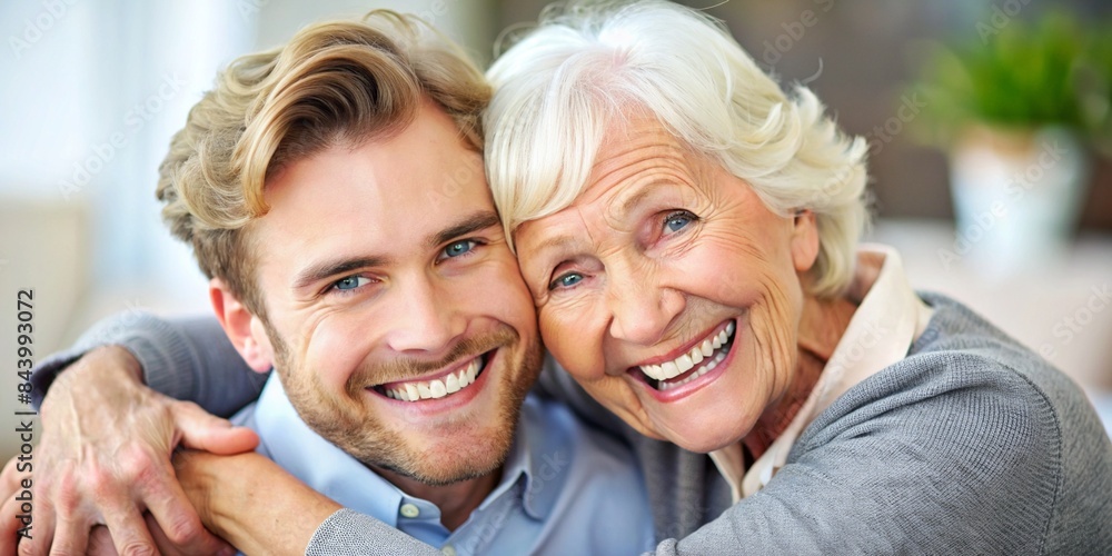 Cheerful and caring adult son hugging his happy senior mother with love and affection at home Cheerful and caring adult son hugging his happy senior mother with love and affection at home