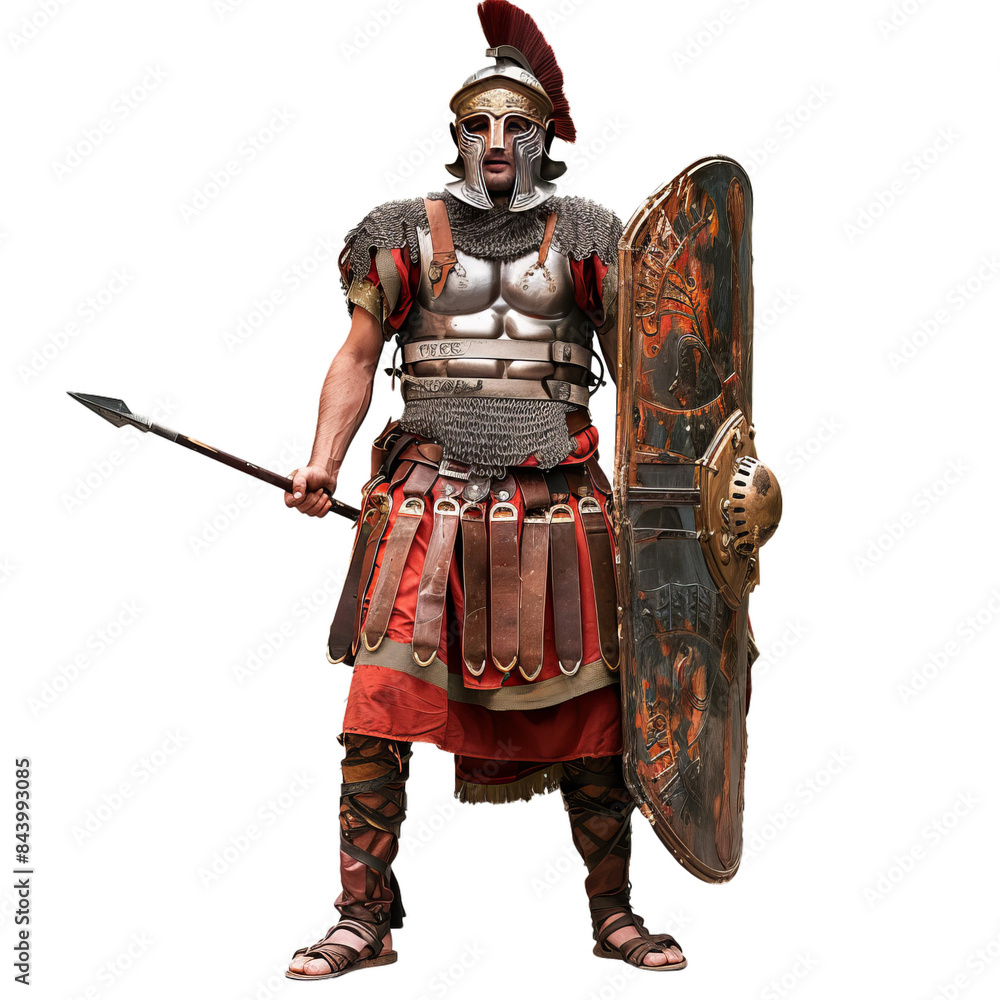 Gripping depiction of a warrior dressed in classical armor, complete with a helmet, shield, and sword Gripping depiction of a warrior dressed in classical armor, complete with a helmet, shield, and sword