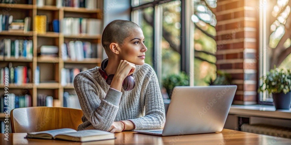 Thoughtful Woman with Shaved Head in Library Working on Laptop Thoughtful Woman with Shaved Head in Library Working on Laptop