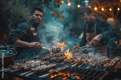 Men Grilling Meat at an Outdoor Feast photo