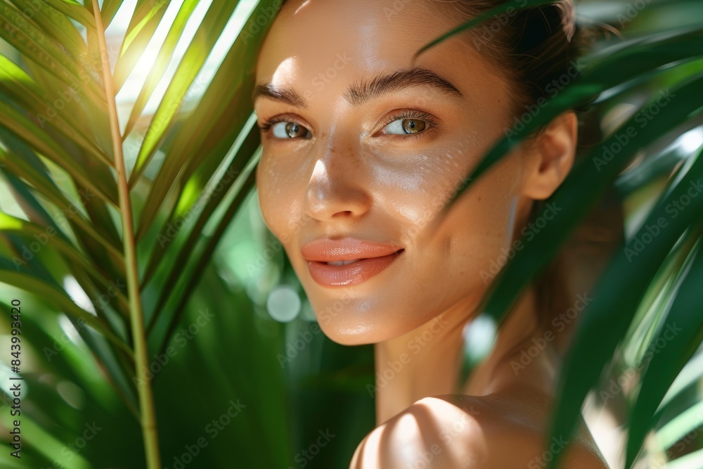 Woman Exhibiting Radiant Skin Amid Tropical Foliage for Skincare Advertisement Woman Exhibiting Radiant Skin Amid Tropical Foliage for Skincare Advertisement