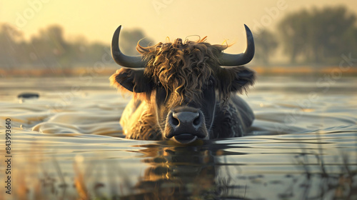 A water buffalo standing in water at sunset