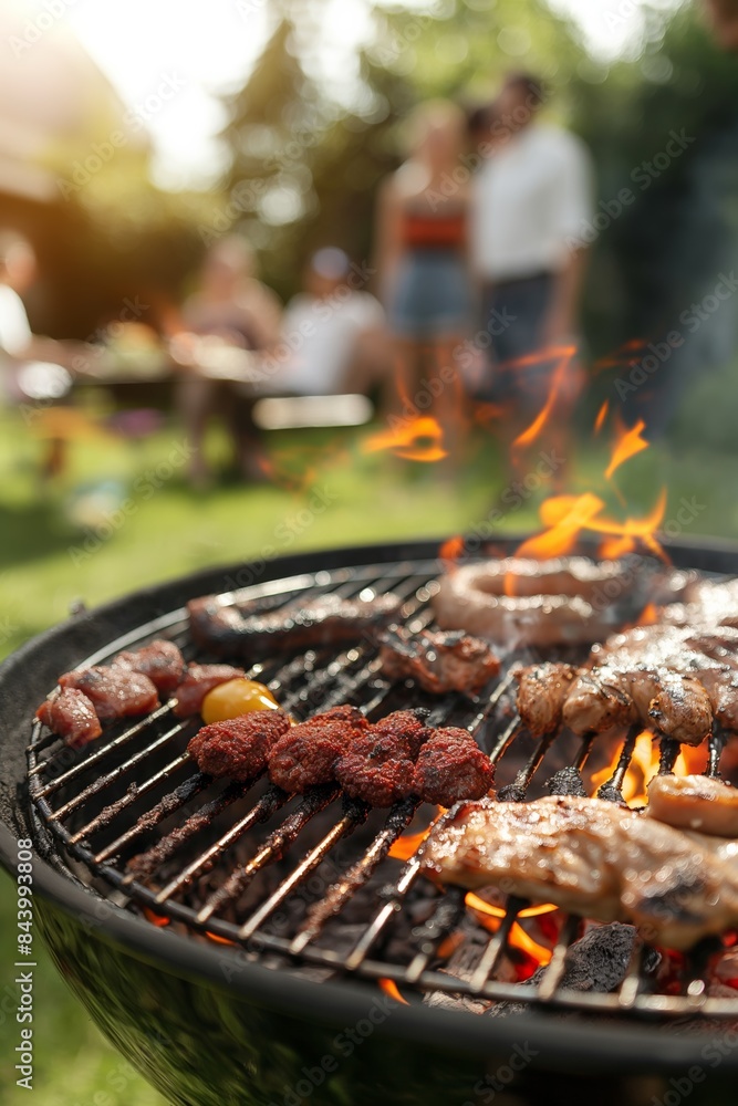 At the picnic barbecue party, flames dance as meat cooks on the grill, filling the air with savory aromas. At the picnic barbecue party, flames dance as meat cooks on the grill, filling the air with savory aromas.