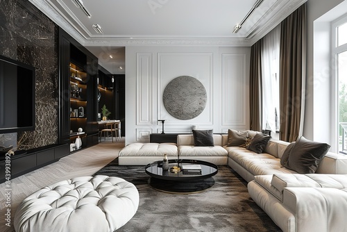 Russian style white open living room concept with black fabrics.