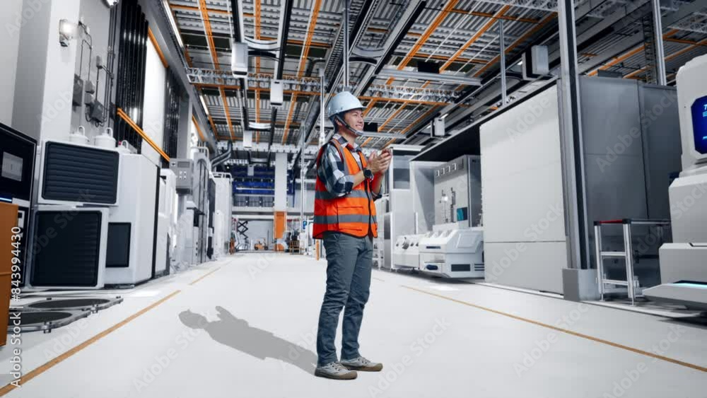 Full Body Side View Of Asian Male Engineer With Safety Helmet Smiling And Clapping His Hands While Standing At Factory Digitalization Full Body Side View Of Asian Male Engineer With Safety Helmet Smiling And Clapping His Hands While Standing At Factory Digitalization