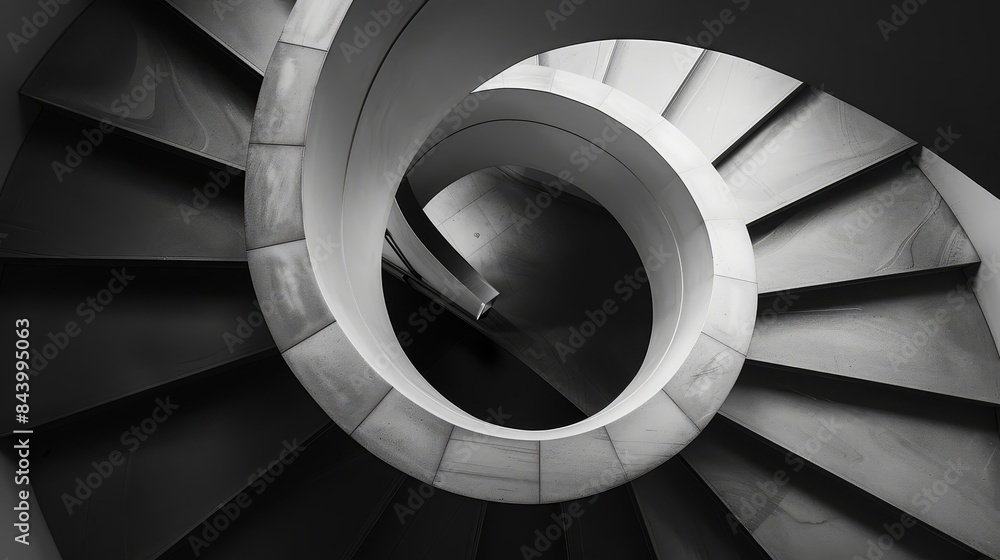 Fototapeta premium Black and white architectural detail of a spiral staircase, focusing on the curves and lines, with intense shadows and highlights