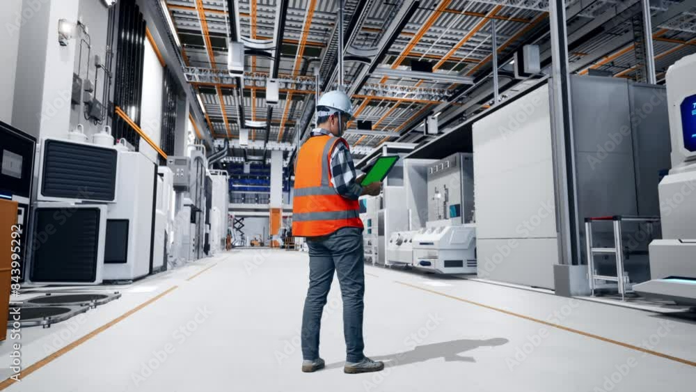 Full Body Back View Of Asian Male Engineer With Safety Helmet Working On A Green Screen Tablet And Looking Around While Standing At Factory Digitalization Full Body Back View Of Asian Male Engineer With Safety Helmet Working On A Green Screen Tablet And Looking Around While Standing At Factory Digitalization