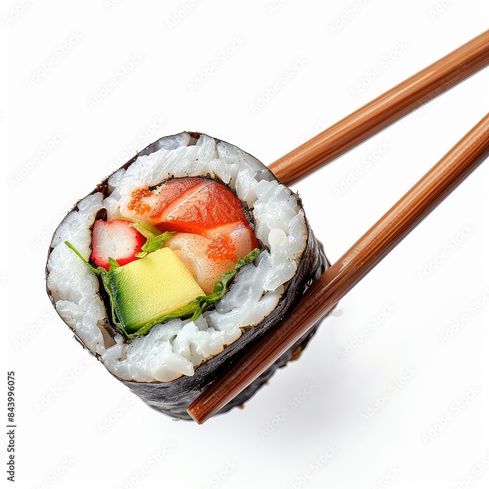 Single Sushi Roll Held By Chopsticks Over White Background Single Sushi Roll Held By Chopsticks Over White Background