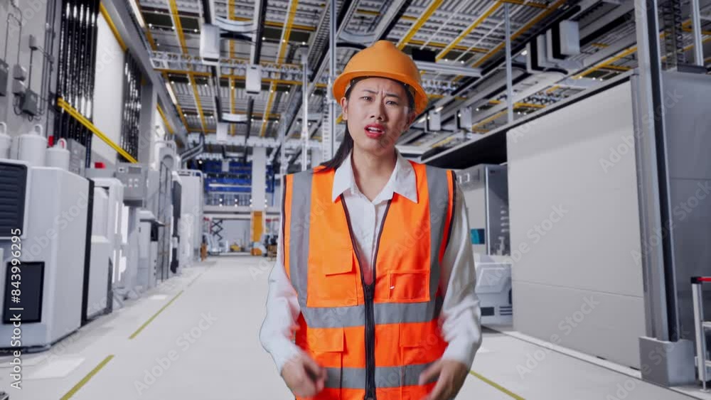 Wondering Asian Female Engineer With Safety Helmet Working Doubtfully At Factory Digitalization Wondering Asian Female Engineer With Safety Helmet Working Doubtfully At Factory Digitalization