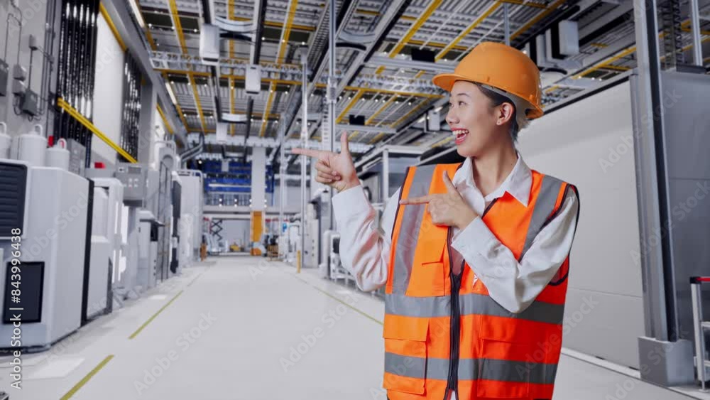 Asian Female Engineer With Safety Helmet Smiling And Pointing To Side While Standing At Factory Digitalization Asian Female Engineer With Safety Helmet Smiling And Pointing To Side While Standing At Factory Digitalization
