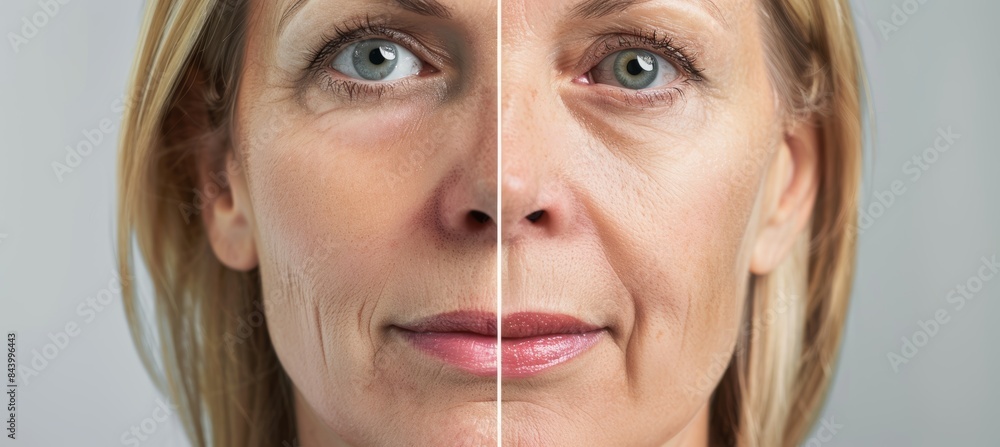 Middle-Aged Woman's Facial Transformation Highlighting Skin Tightness After RF Lifting Treatment Middle-Aged Woman's Facial Transformation Highlighting Skin Tightness After RF Lifting Treatment
