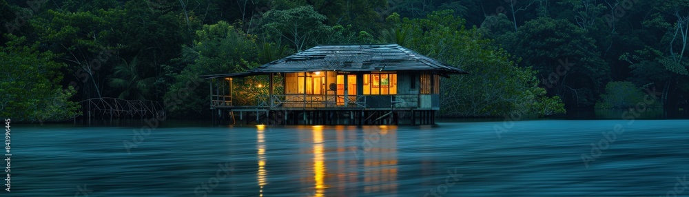 Serene lakeside cabin with warm lighting, surrounded by lush forest. A tranquil retreat perfect for nature lovers and relaxation. Serene lakeside cabin with warm lighting, surrounded by lush forest. A tranquil retreat perfect for nature lovers and relaxation.