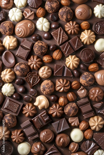 Delicious assorted chocolate candies lying on brown background