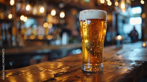 Golden Beer in Glass with Bar Lights in Background