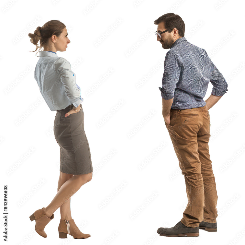 Male and female professionals stand back to back, expressing conflict or disagreement Male and female professionals stand back to back, expressing conflict or disagreement