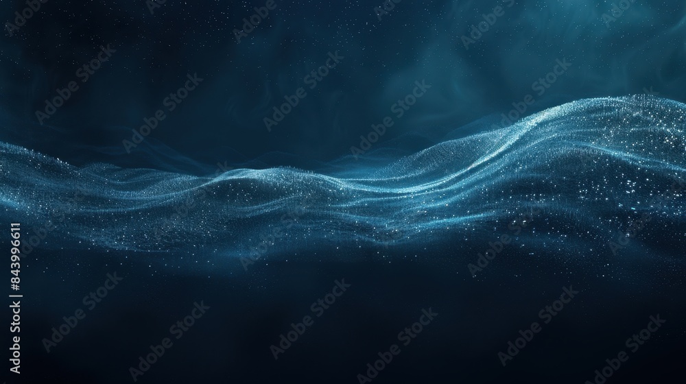 Abstract dark blue wave background with sparkling light particles ...