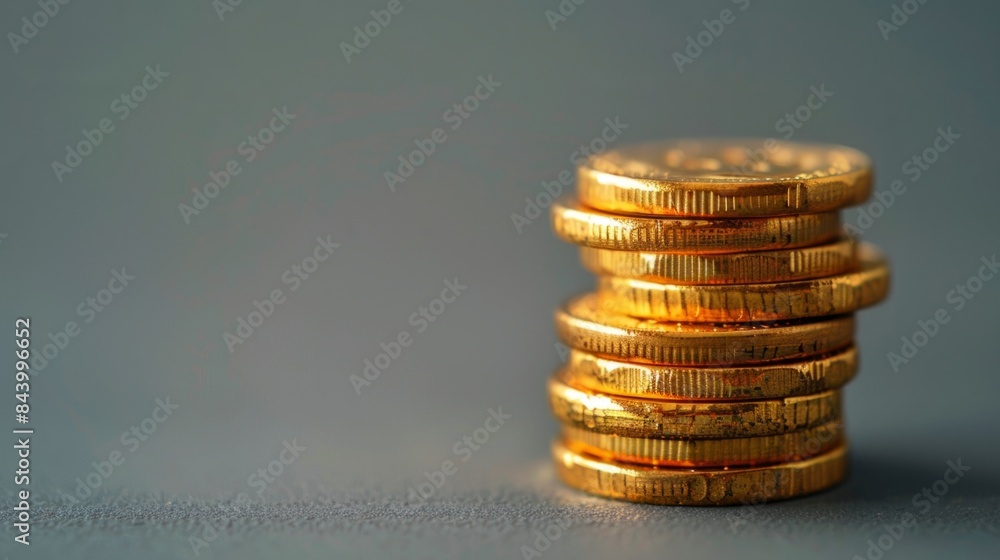 A close-up shot of gold coins stacked on a gray background with ample copy space, representing wealth, savings, and financial growth. A close-up shot of gold coins stacked on a gray background with ample copy space, representing wealth, savings, and financial growth.