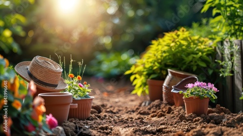 Sunny Garden with Gardening Equipment and Flower Pots for the Avid Gardener photo