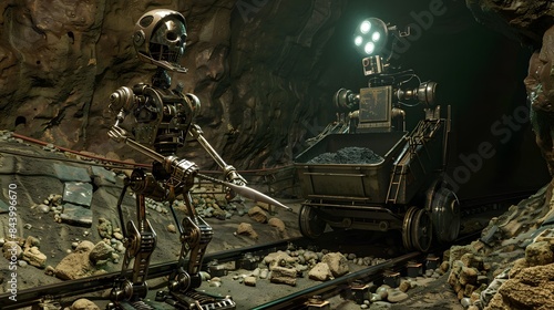 An intimidating humanoid robot miner mines ore in a mine and puts it in a robotic trolley with a lantern