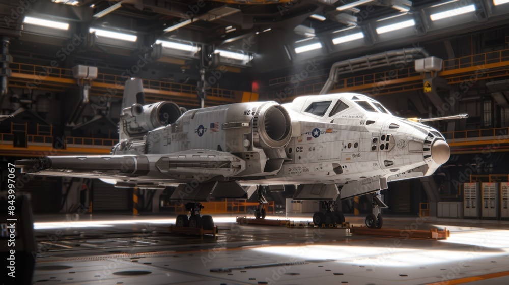 A futuristic space shuttle in a high-tech hangar. Detailed, modern sci-fi spacecraft ready for launch. Science fiction concept.