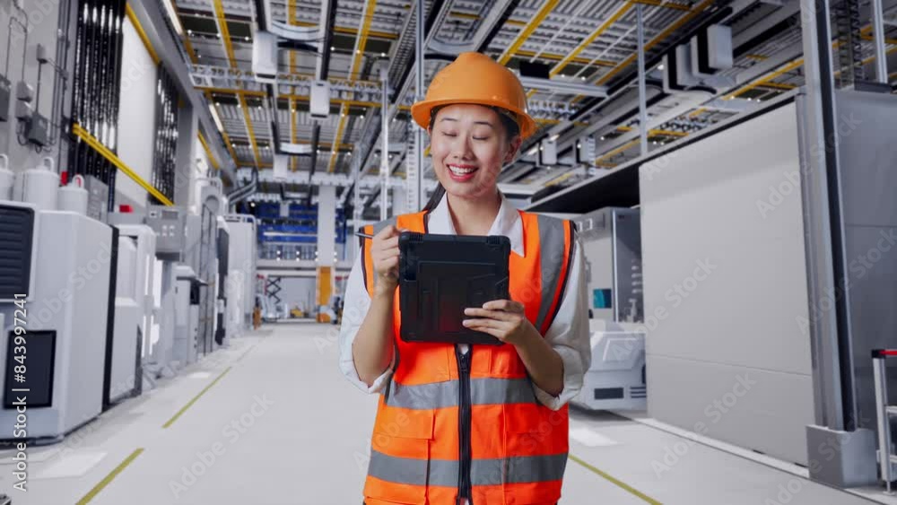 Asian Female Engineer With Safety Helmet Taking Note On The Tablet And Looking Around While Standing At Factory Digitalization Asian Female Engineer With Safety Helmet Taking Note On The Tablet And Looking Around While Standing At Factory Digitalization