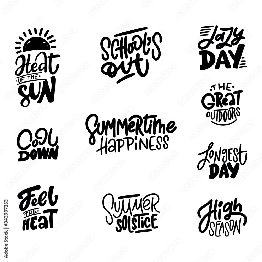 Fototapeta premium Hand drawn lettering SET about Summer. Funny season slogan. Isolated calligraphy quote for travel agency, beach party. Great design for banner, postcard, print or poster.