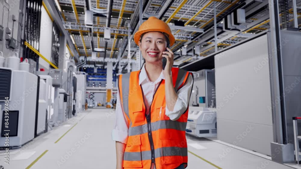 Asian Female Engineer With Safety Helmet Talking On Smartphone While Standing At Factory Digitalization Asian Female Engineer With Safety Helmet Talking On Smartphone While Standing At Factory Digitalization