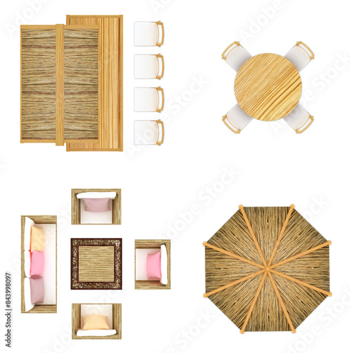 Top-down view of outdoor furniture arrangements, including Tiki bar, dining set, a sun umbrella, and seating with cushions. 3D illustration. Perfect for garden, patio, or landscape design mockups.