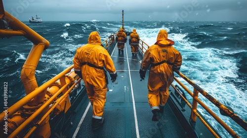 Workers on an offshore platform wearing yellow protective clothing are walking along the deck in rough sea conditions photo