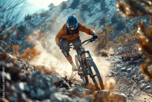 Mountain Biker Speeds Down Rugged Trail