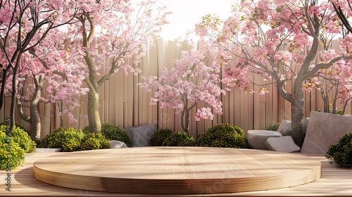 Elegant Wood Podium in Sakura Garden - Serene 3D Rendering for Product Presentation