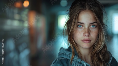 A confident young woman gazes at the camera, her freckles and captivating eyes giving her a strong presence