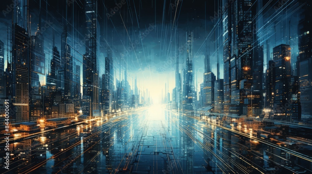 Obraz premium Futuristic cityscape with towering skyscrapers and glowing lights, depicting a technologically advanced and vibrant urban environment.